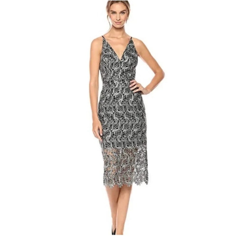 Dress The Population Aurora Lace Plunging Sleeveless Dress Black White Lace Sz L